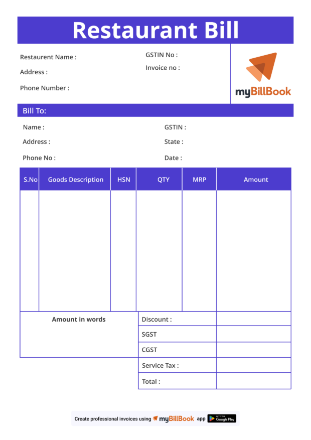 restaurant bill format restaurant bill format